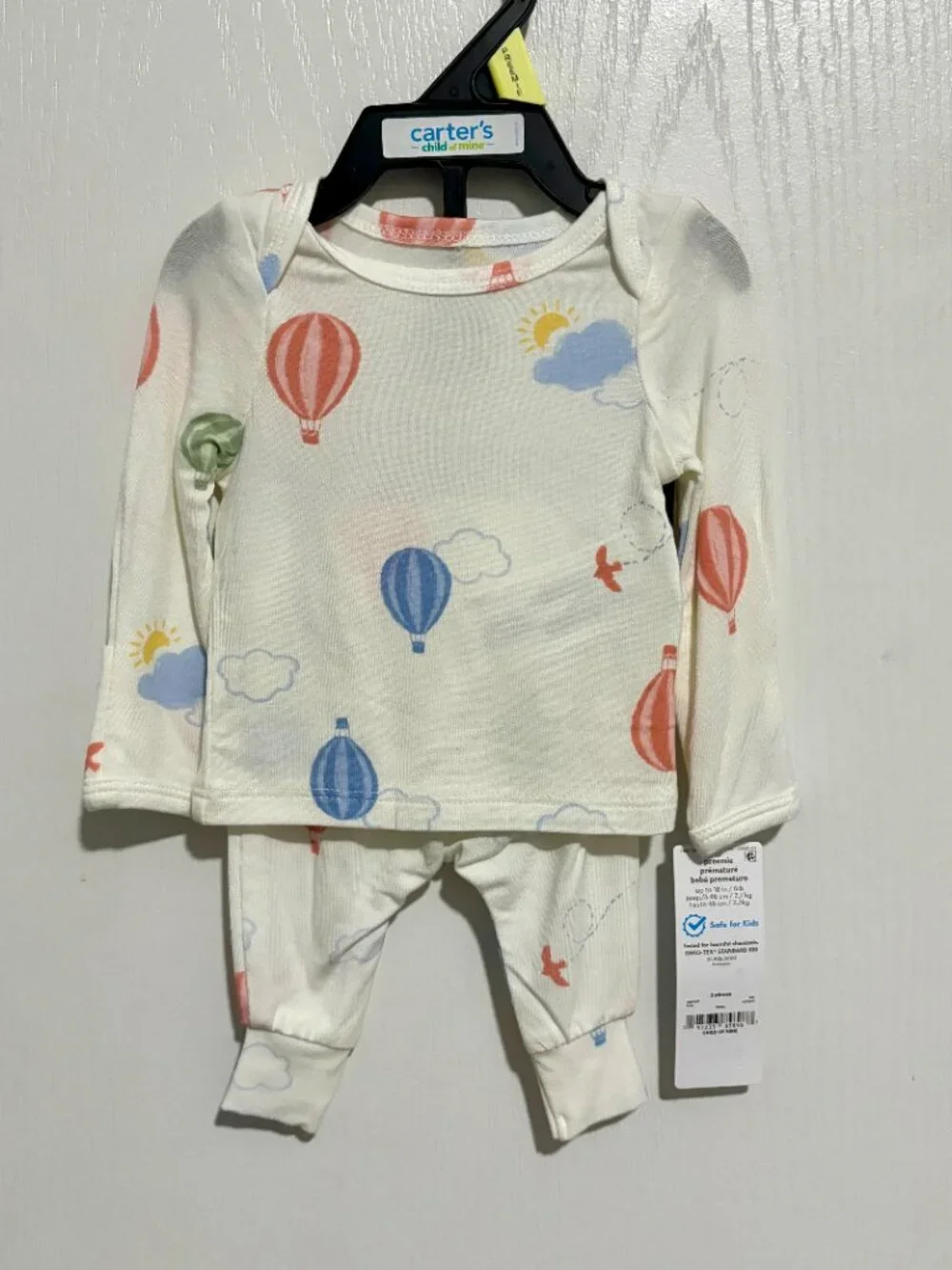 Carter's Child of Mine Baby 2-Piece Outfit Set, White Hot Air Balloon, Preemie - Picture 2 of 5